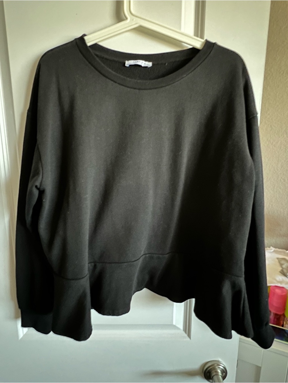 Zara Black Ruffle-Hem Crewneck Sweatshirt